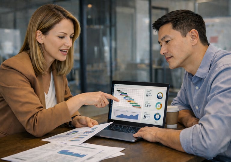 Consultora e gerente analisando processos para reduzir retrabalho e melhorar a produtividade