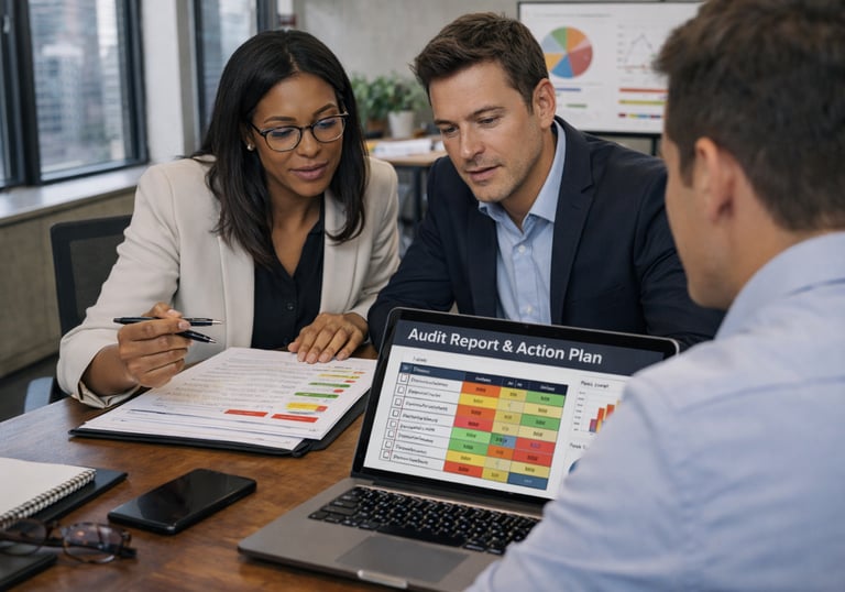 Consultora e equipe de gestão em reunião de suporte estratégico para acompanhar etapas e corrigir ro