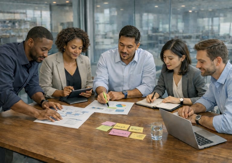 Equipe em reunião de diagnóstico empresarial analisando gargalos, riscos e oportunidades de melhoria