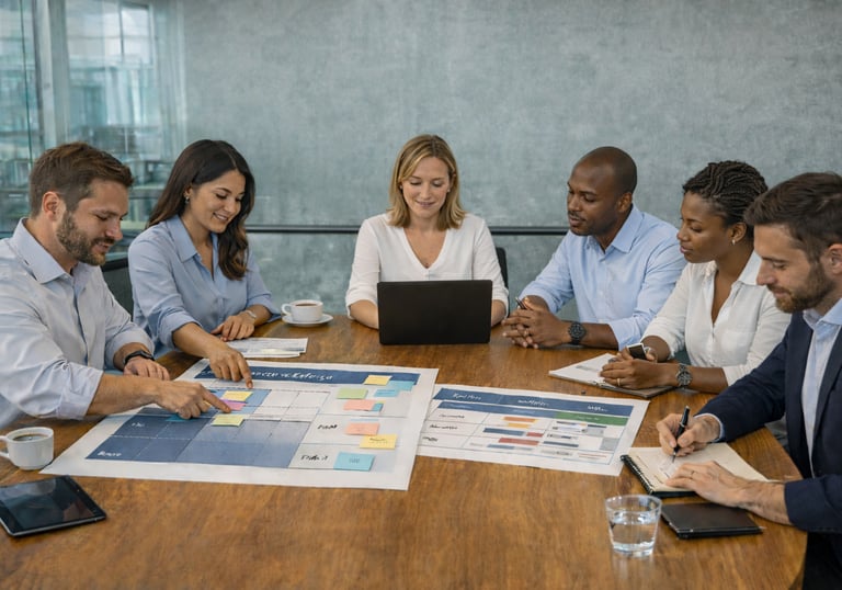 Equipe em reunião de planejamento empresarial definindo metas, prioridades e plano de ação
