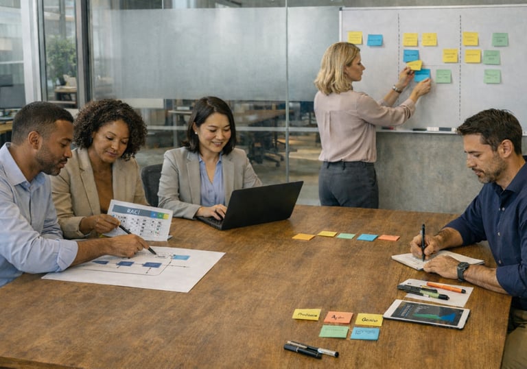 Equipe em reunião de gestão de processos para reestruturar fluxos, reduzir desperdícios e aumentar a