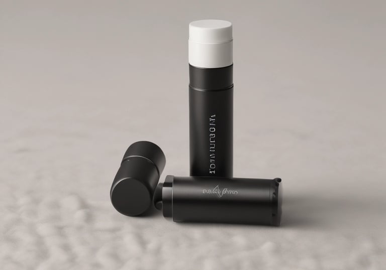 A trio of facial skincare products, including a toner, serum, and cream, are neatly arranged on a wooden slab with a decorative flower and a green leaf beside them. The products have metallic caps, and the packaging features minimalist design with red and black text.
