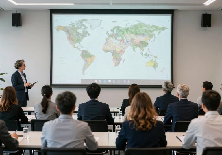 A wide angle shot of a diverse team of professionals in a bright conference room, watching a virtual 3D projection. International / Global.