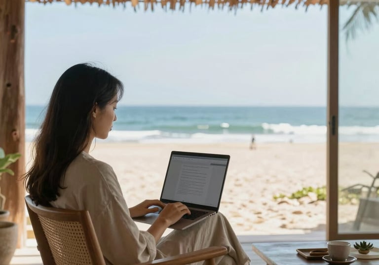 A serene professional woman reviewing organizational consulting notes in a softly lit office.