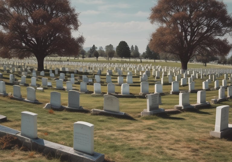 A serene view of the cemetery’s rolling grassy hills bordered by tall, mature trees under a clear sky.