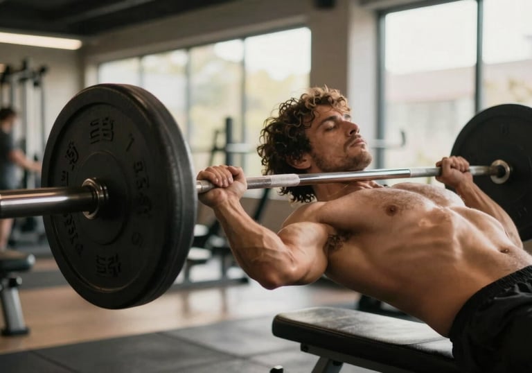 A powerful action shot of a person exercising in a high-end Brazilian gym environment, focusing on muscle movement and strength, warm natural lighting, high contrast.