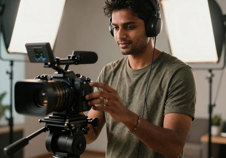 A South Asian / Indian content creator during a professional video shoot in a stylish studio, surrounded by soft video lighting and camera gear.