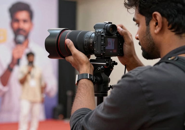 Behind the scenes at an event coverage shoot in South Asia / India, photographer framing a speaker on stage with high-end camera lens.