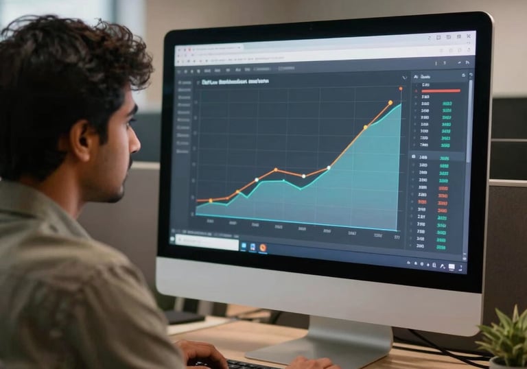A South Asian / Indian digital marketer analyzing performance growth metrics on a desktop monitor in a contemporary scandinavian agency workspace.