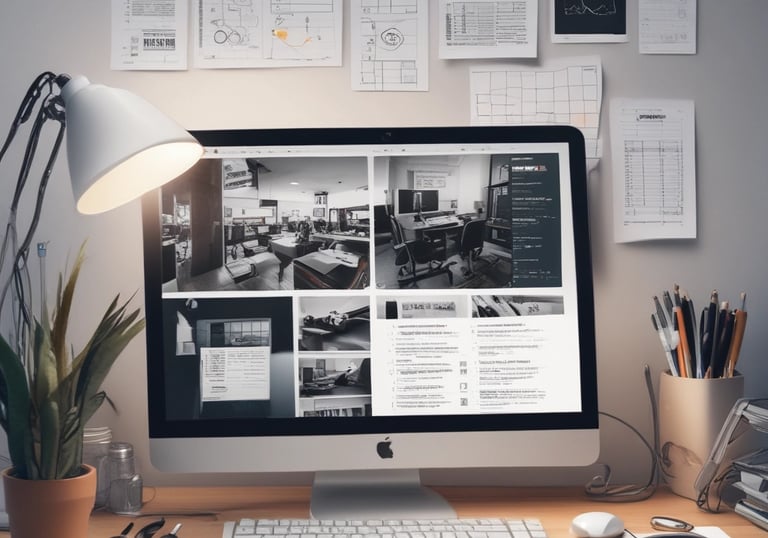 A futuristic workspace showing AI technology integration with digital screens and data visualization.