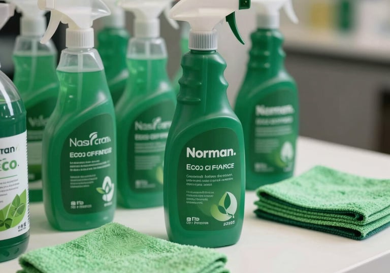 A professional cleaning station with emerald green bottles and high-quality cloths on a clean white surface, symbolizing the eco-friendly commitment of a cleaning company in Rouen, France / Norman.