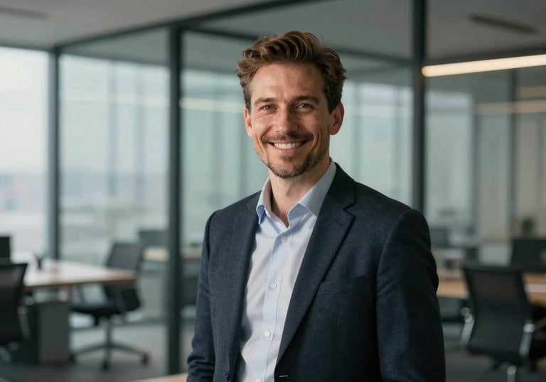 A professional portrait of a team lead smiling confidently in a modern glass-walled office. The lighting is warm yet professional, with mist and steel blue accents in the background.
