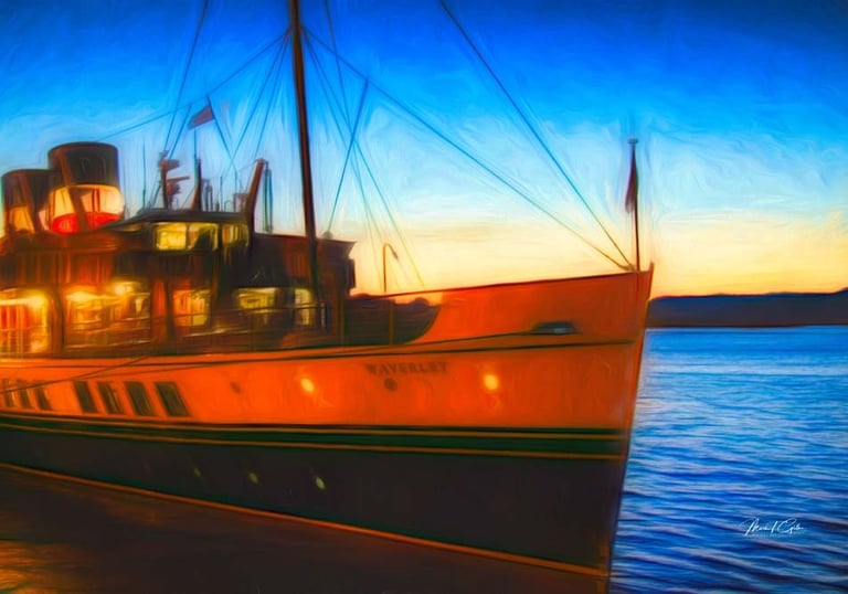 Mark Gillan digital art of the Waverley steam boat on the River Clyde with blue water and blue sky