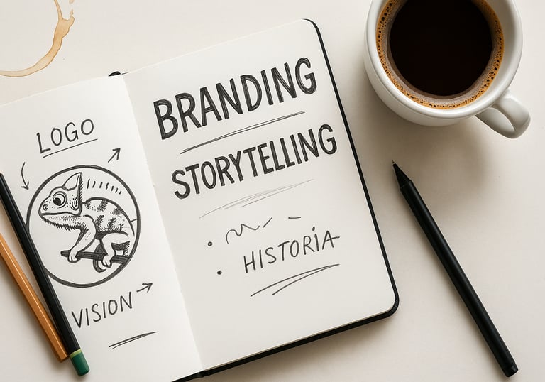 Logotipo dibujado en libreta con referencias de identidad visual para un proyecto de marca