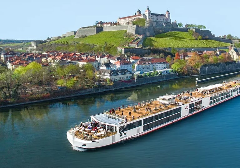 Photo of a Viking river cruise ship on a river in Europe