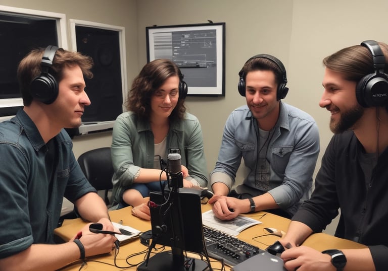 A computer monitor showing a video editing software interface, with timelines, video clips, and audio mixers visible. A keyboard and mouse are placed in front of the monitor on a clean desk. A small potted plant is situated on the right side, adding greenery to the workspace.