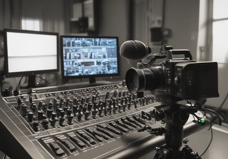 A computer monitor showing a video editing software interface, with timelines, video clips, and audio mixers visible. A keyboard and mouse are placed in front of the monitor on a clean desk. A small potted plant is situated on the right side, adding greenery to the workspace.