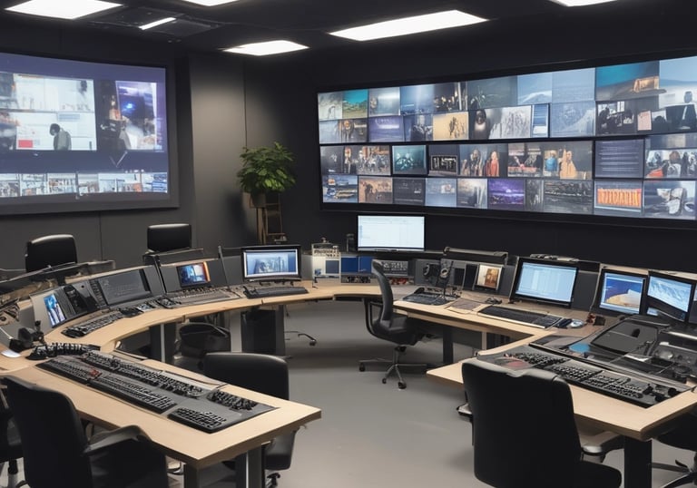 Three individuals are engaged in a filmmaking or video production process inside a studio. One person operates a professional camera mounted on a rig, wearing a mask and cap. Two other people are seated, one intently looking at a laptop, creating an atmosphere of concentration and collaboration.