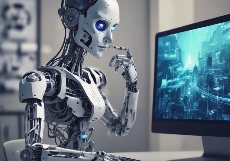 A computer monitor showing a video editing software interface, with timelines, video clips, and audio mixers visible. A keyboard and mouse are placed in front of the monitor on a clean desk. A small potted plant is situated on the right side, adding greenery to the workspace.