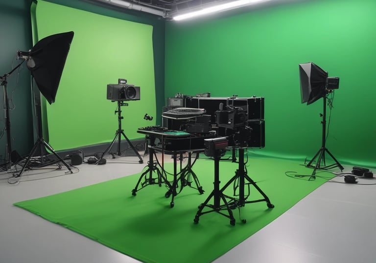 Two men are engaged in a video production setting. One man operates a professional camera and monitors the footage on a screen, while the other appears to be holding a smartphone, possibly assisting or recording as well. The background features photography equipment, including a large softbox light and a tripod.