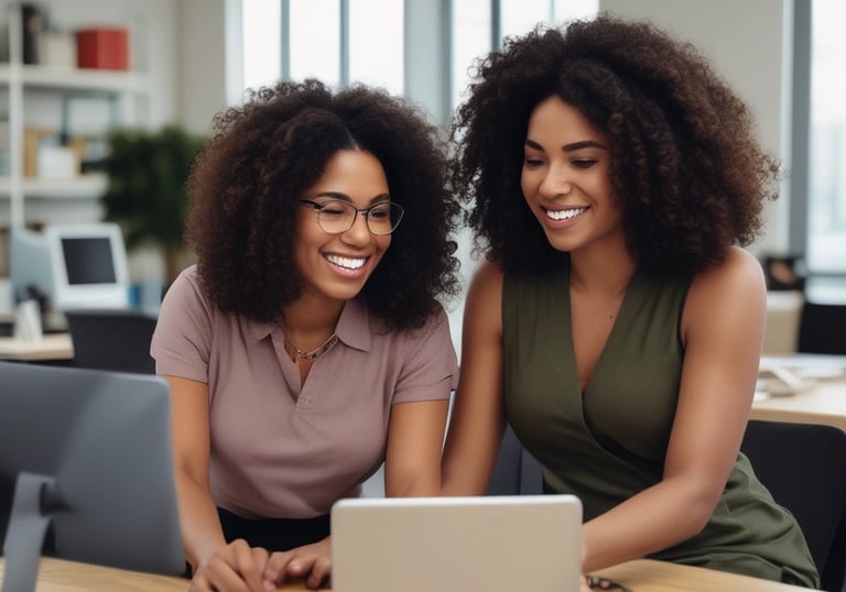 two women looking at the screen of a MacBook