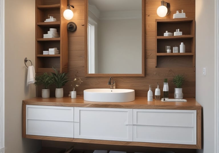 A modern kitchen setup featuring dark wood cabinetry with a glossy finish. The kitchen includes a stainless steel double sink and a gas stove with a steel hood. Under-cabinet lighting highlights the sleek and minimalistic design. Posters and informational sheets are displayed on the wall behind the sink. The flooring is made of light wood with a smooth finish.