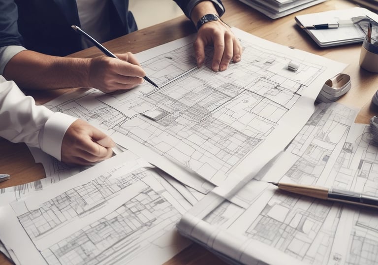 A professional consultation meeting with construction plans.