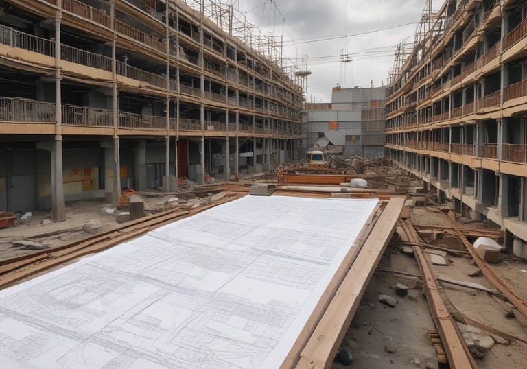 A construction site with workers and equipment in action.