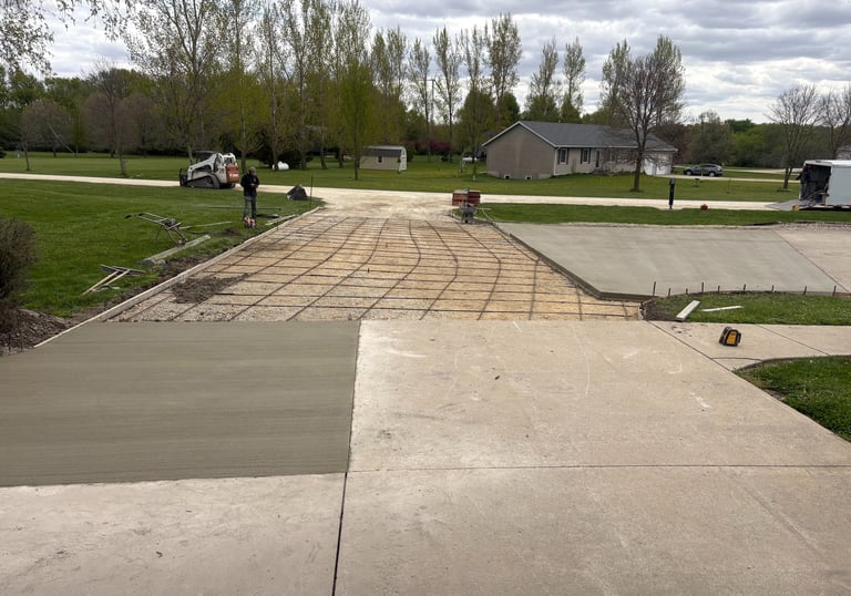 Concrete driveway construction with rebar.