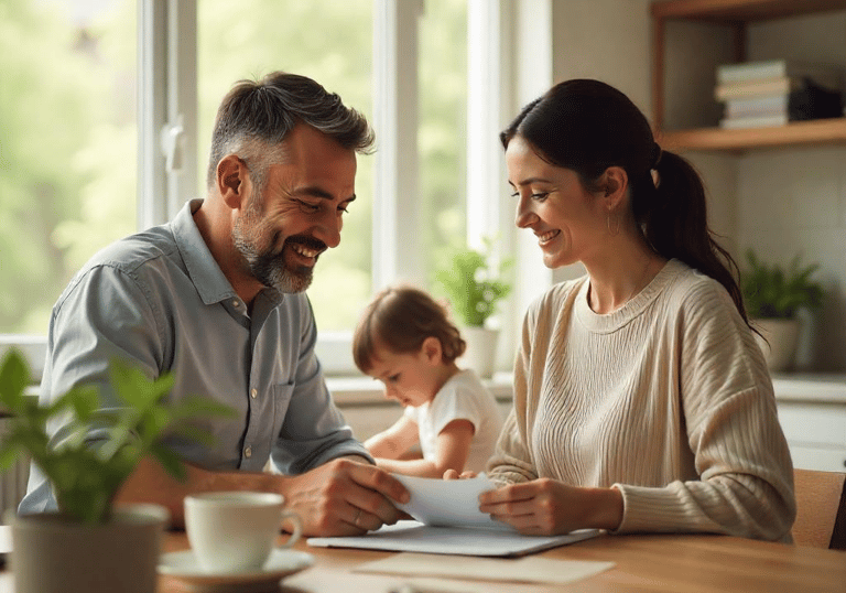 Familia sonriente revisando documentos en casa, en un ambiente cálido y natural.