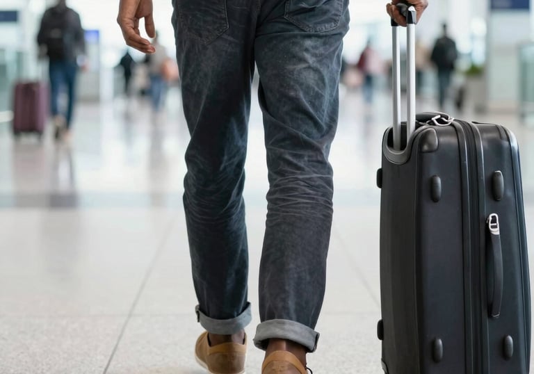 A person with long hair is seen from behind carrying a large black backpack and pulling a wheeled suitcase. They are wearing a black long-sleeved top and denim shorts. The setting is an airport or a similar transportation hub, with multiple people sitting in the background and a calm ambiance.