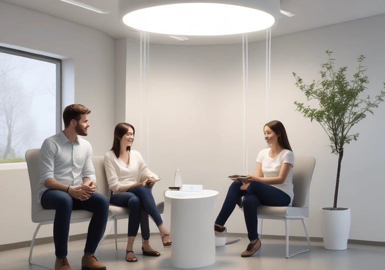 An arrangement of technology and design-related items on a white surface. Includes a laptop with the Apple logo, a smartphone displaying a design app interface, a black t-shirt featuring the phrase 'Design Makes Everything Possible', a mug with a similar design-themed phrase, a keyboard, and a saucer with a coffee cup. Various stickers and a black notebook are also present.