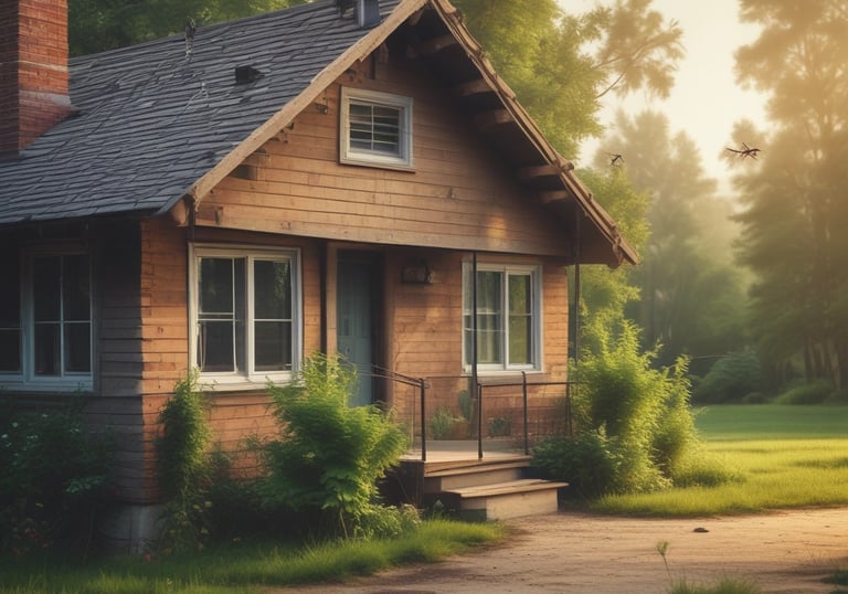 A small insect, possibly a fly, is perched on a glass surface with a blurred background. The setting appears to be indoors, featuring a soft-focus view of furniture and decor in the distance.