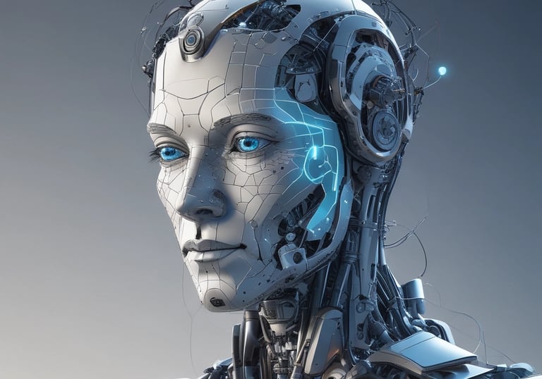 A small, white humanoid robot with blue accents, including eyes, mouth, and a circular badge with the letters 'AI' on its chest, is positioned in front of a blue laptop on a metallic surface. The robot has a simple, smooth design with two cylindrical arms and a small antenna on top.