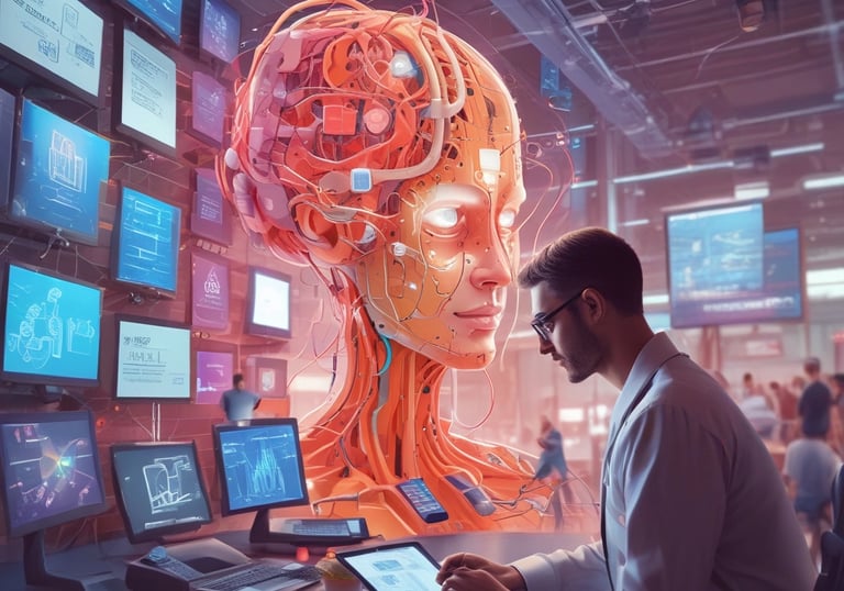 A futuristic and digital-themed image features a stylized circuit board with the words 'Open AI' in bold, glowing letters. Above it is a design that resembles an AI or robot face with neon accents. The background consists of a network of interconnected blue lines and nodes, suggesting themes of technology and connectivity.
