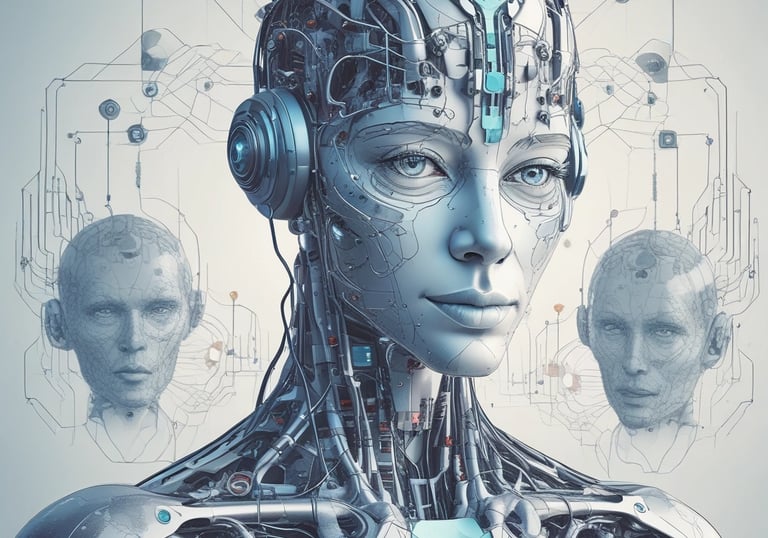 Four small, white robot figures are sitting in a row, each with a laptop in front of them. They have round bodies and blue accents, with 'AI' displayed on their chests. The background is minimal and light gray, emphasizing the robots and their computers.