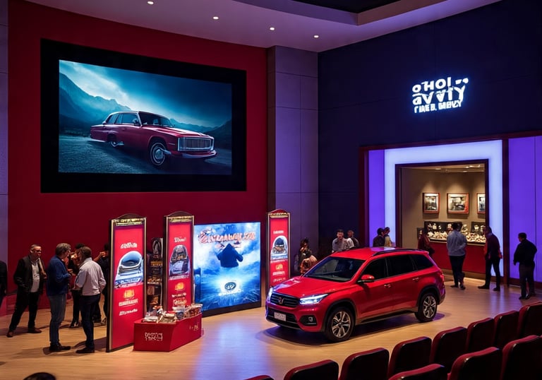 a red car is parked in a showroom