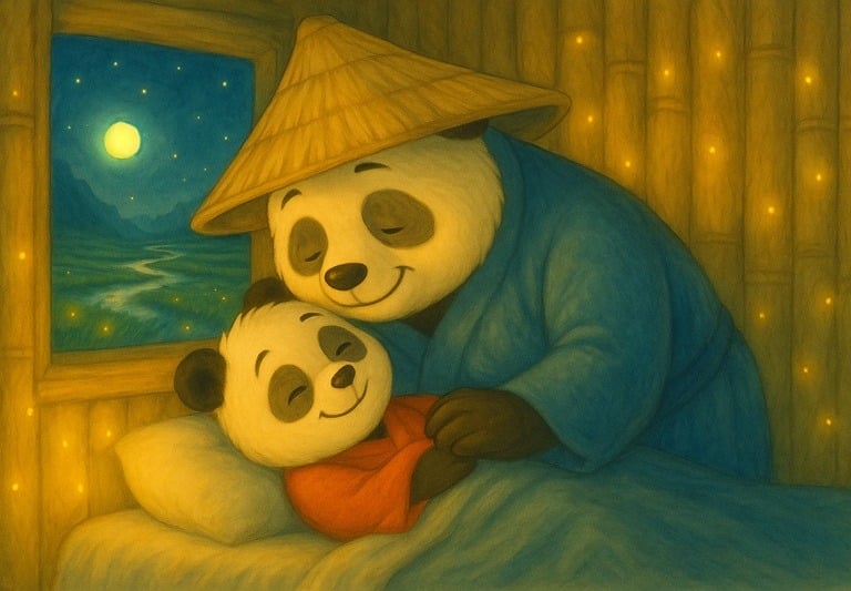 Children’s picture book image of panda hugging child, teaching empathy for ages 3–7