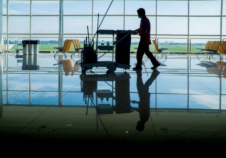 a man walking through a large room with chairs and chairs