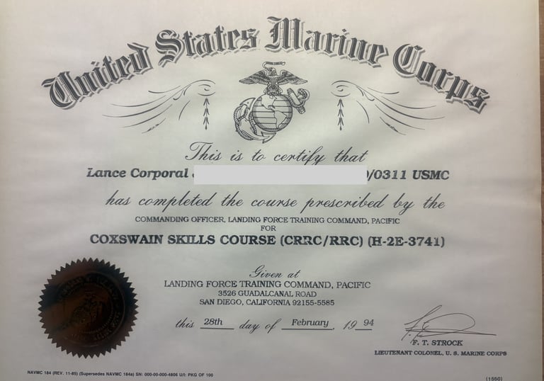 USMC Coxswain School Certificate