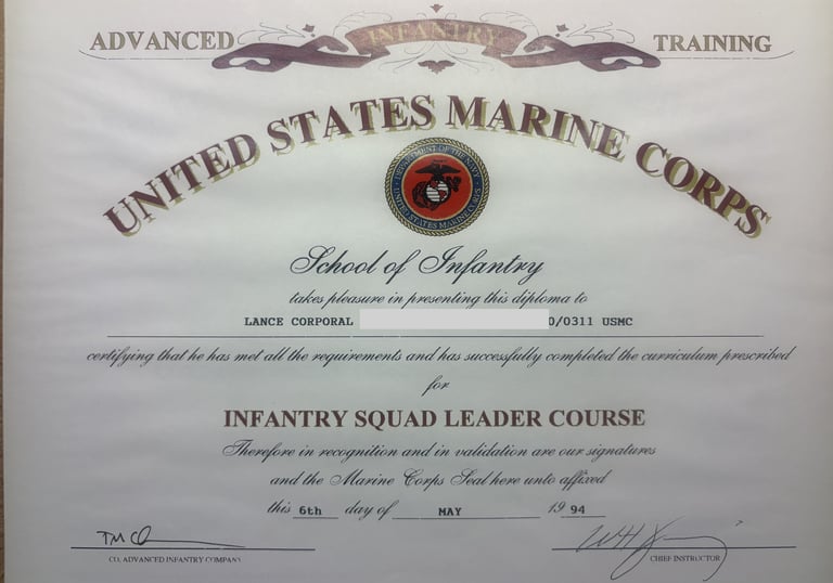 Infantry Squad Leaders Course Certificate