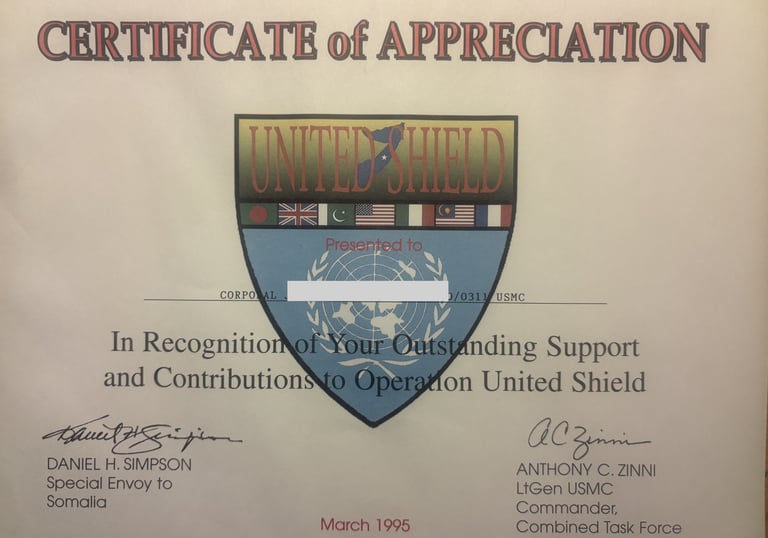 Operation United Shield Certificate