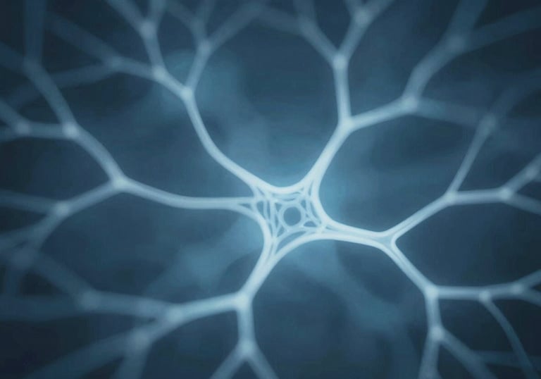 An image representing memory and neural connections: delicate glowing threads forming a complex web, symbolizing Alzheimer's screening research, in shades of muted blue.