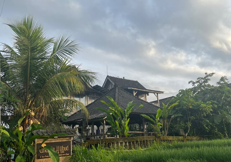 a house with a large field of grass and a house in the background