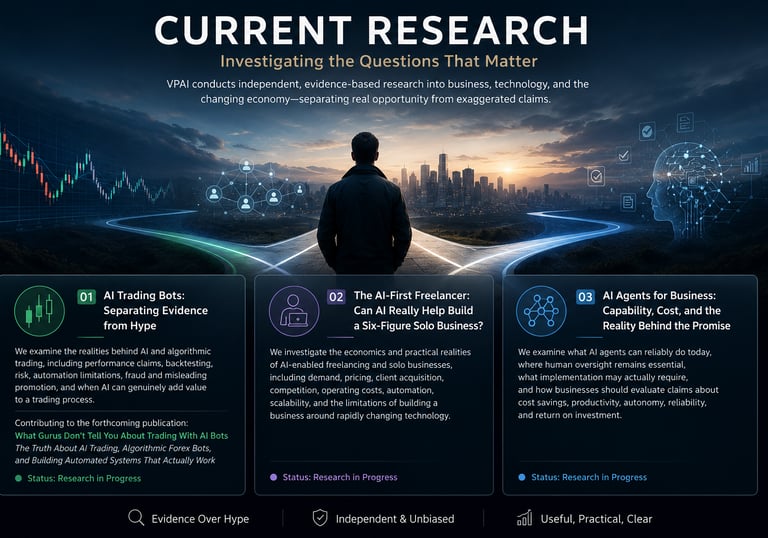 VPAI current research exploring AI trading, AI freelancing, AI agents, and evidence-based business r