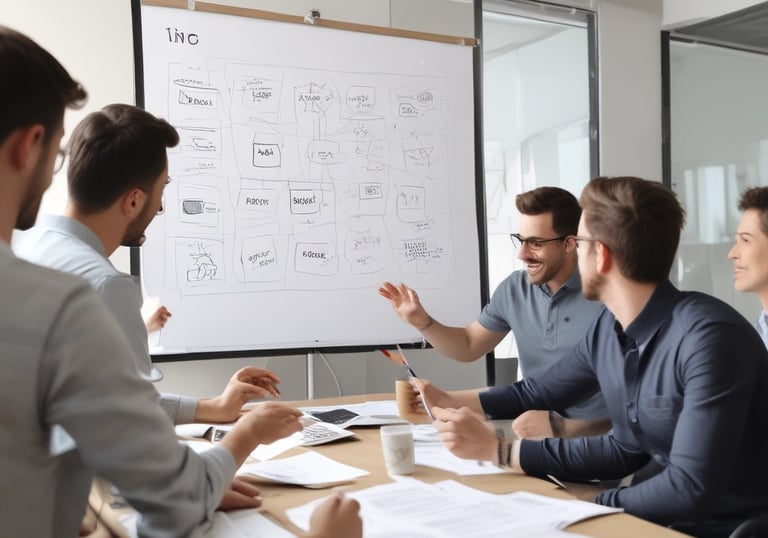 a group of people sitting around a table with papers and papers
