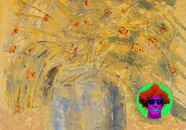 Textured yellow and blue floral painting by Alan Mason, with a surreal pop-art face added in the bottom right corner.