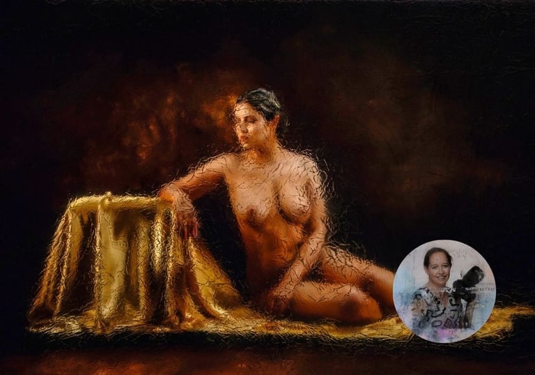 Classical nude study with golden drapery by Mia Joubert, artist portrait inset
