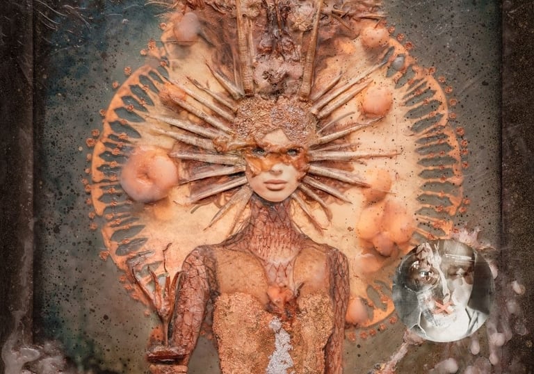 Sculptural mixed media portrait with organic textures by Lize du Plessis