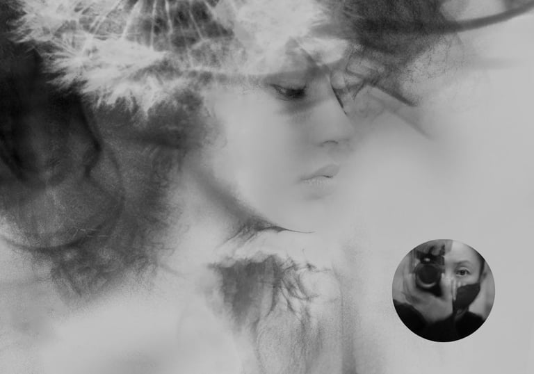 Dreamlike black and white portrait by Thuan Anh Nguyen, blending soft textures with a woman's face.